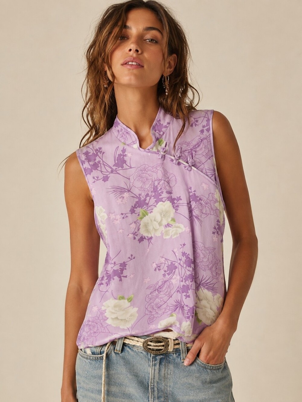 Vintage Shaver Lake Floral Purple Sleeveless Top